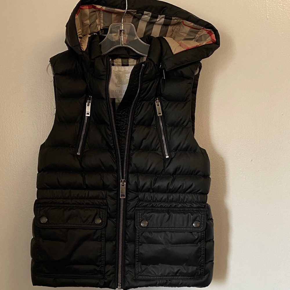 Black Quilted Hooded Puffer Vest with Plaid Lining